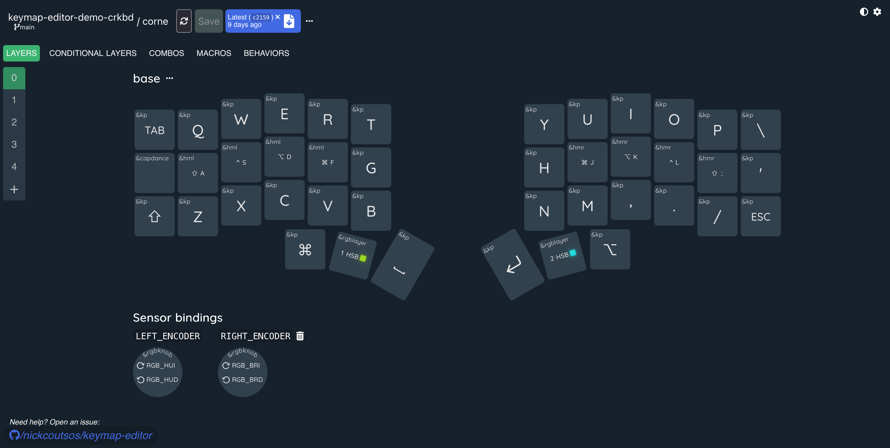 Shows a screenshot of the Keymap Editor application featuring a graphical layout of the Corne Keyboard with a keymap loaded from the nickcoutsos/keymap-editor-demo-crkbd GitHub repository.
