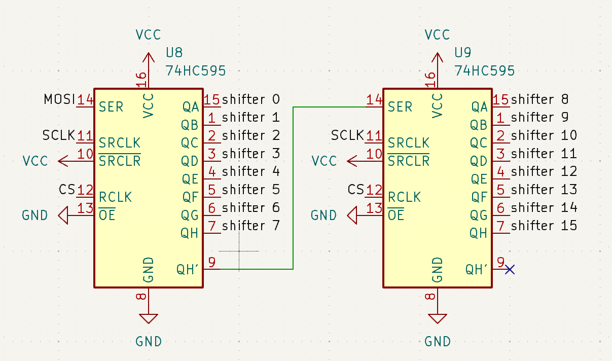 A fragment of a schematic featuring two shift registers daisy chained together.